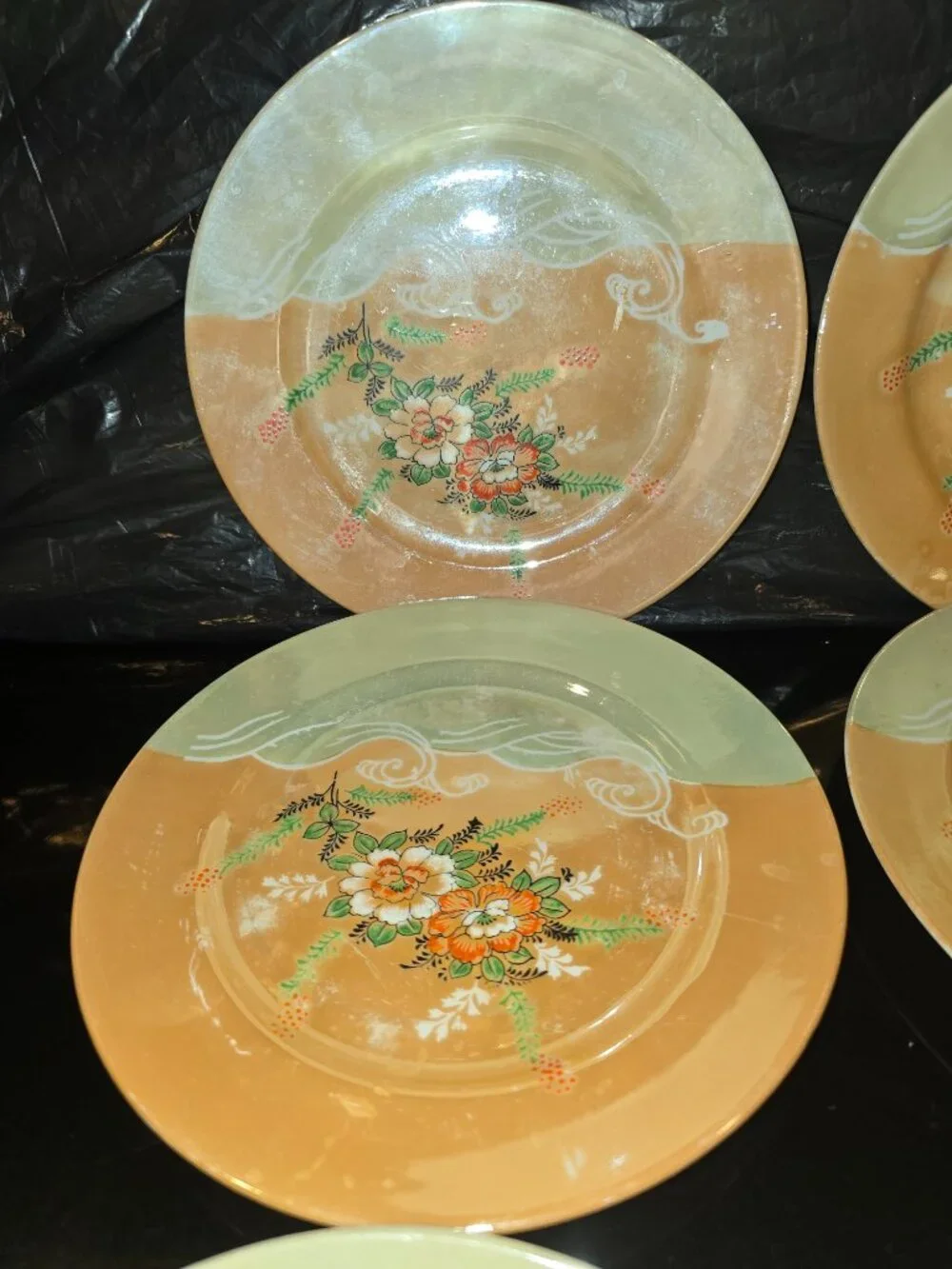 Japanese Lusterware Set of 6 Plates Hand painted Floral Peach Waves Blue 7.25